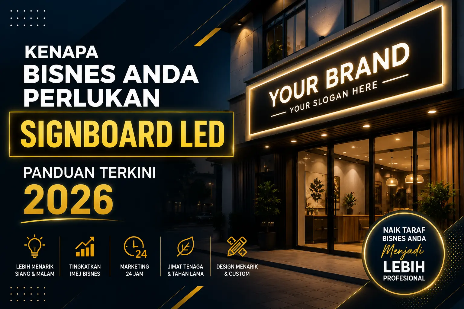 Signboard LED moden 2026 dengan pencahayaan premium pada kedai perniagaan waktu malam untuk meningkatkan branding, tarikan pelanggan dan imej profesional bisnes.