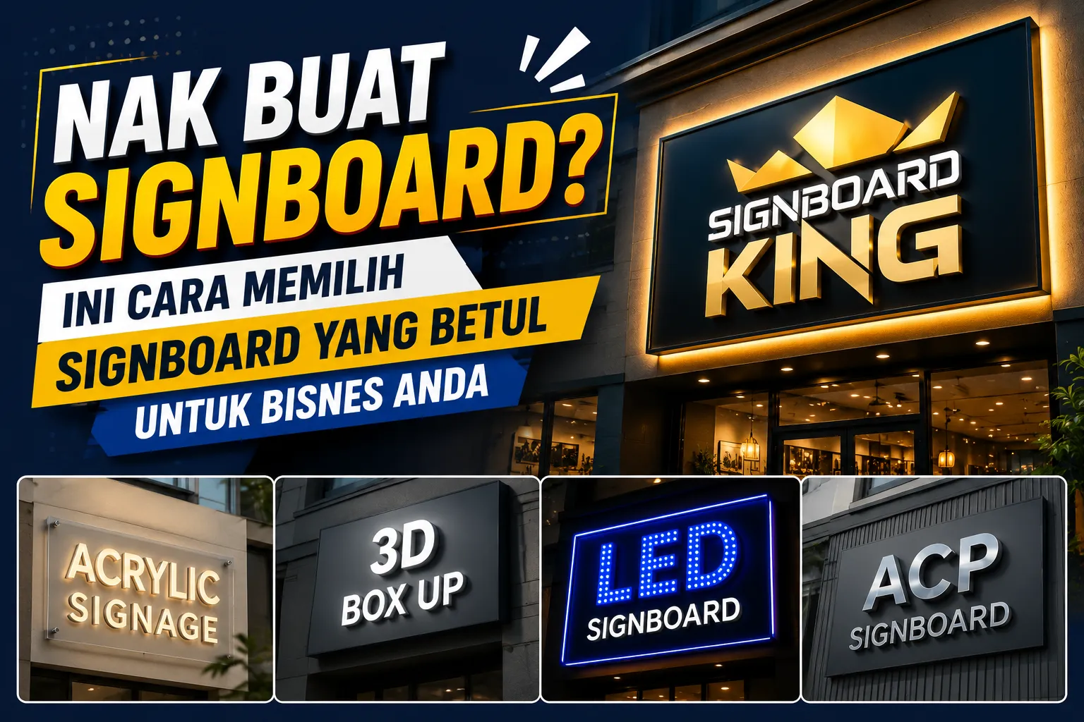 Cara memilih signboard mengikut jenis perniagaan dengan pelbagai pilihan signboard seperti acrylic signage, 3D box-up lettering, LED signboard dan ACP signage untuk meningkatkan jenama perniagaan.