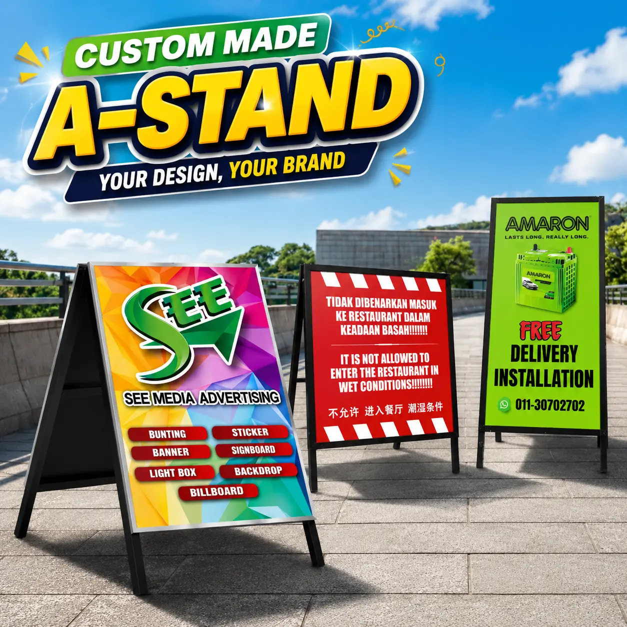 A Stand signboard for restaurant menus, retail promotions, sidewalk advertising, and commercial display in Malaysia
