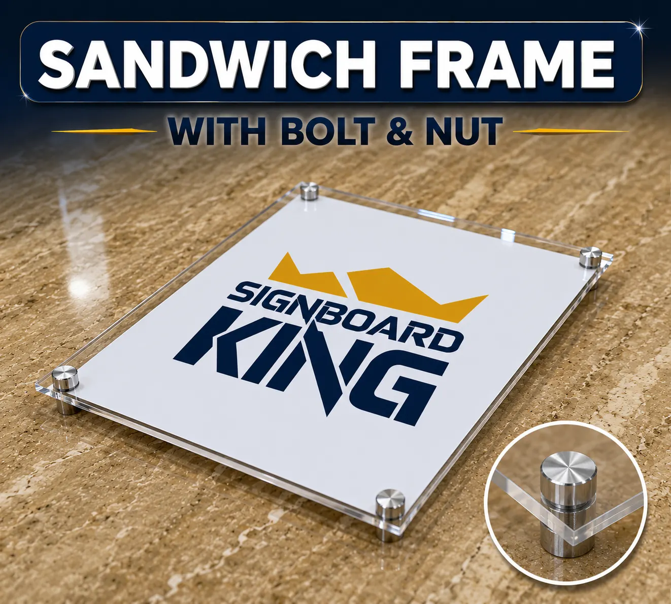 Acrylic sandwich frame with bolt nut mounting for certificate displays, office signage, and information boards in Malaysia