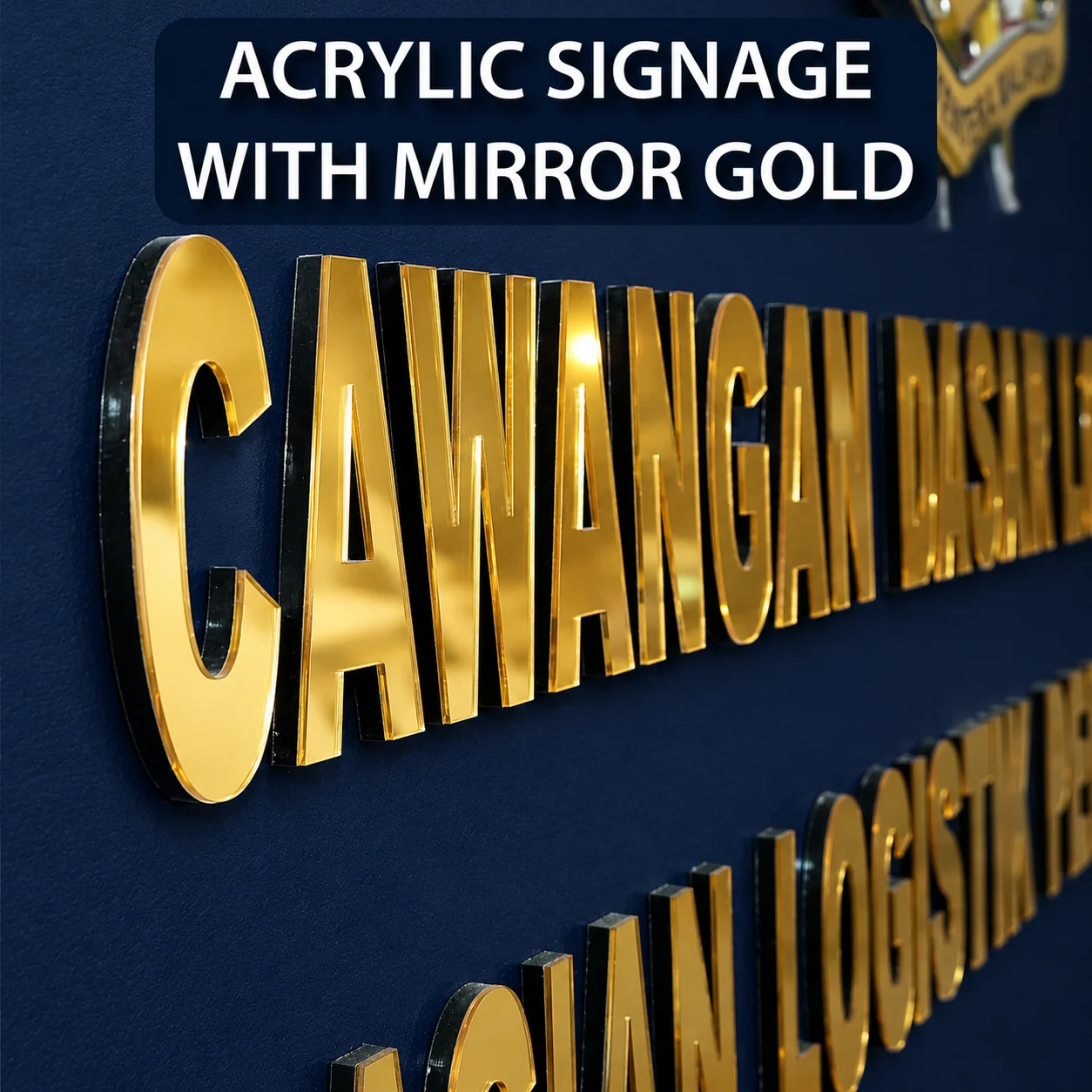 Mirror gold acrylic signage with premium 3D lettering for office branding and commercial displays in Malaysia