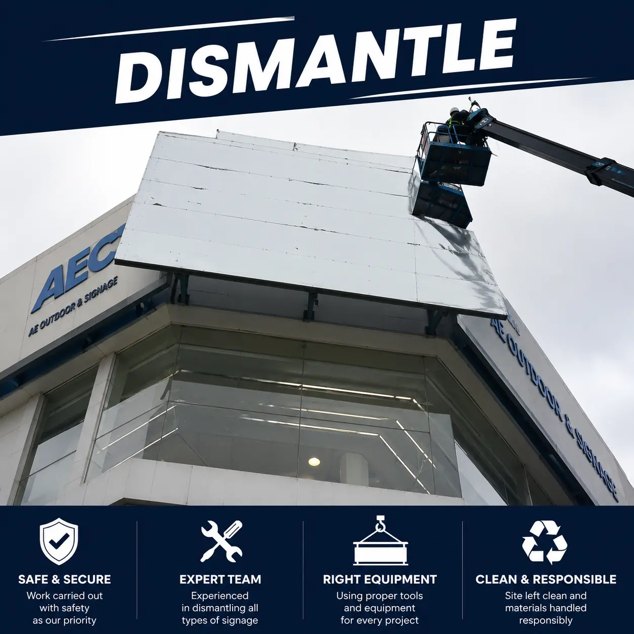 Professional signboard dismantle service using skylift equipment for safe removal of commercial signage and billboard structures in Malaysia