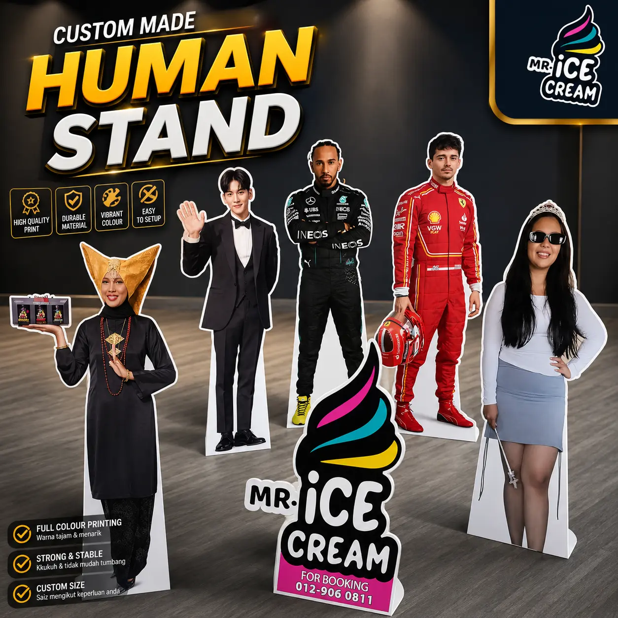 Custom human stand display for retail promotions, events, product advertising, and commercial marketing in Malaysia
