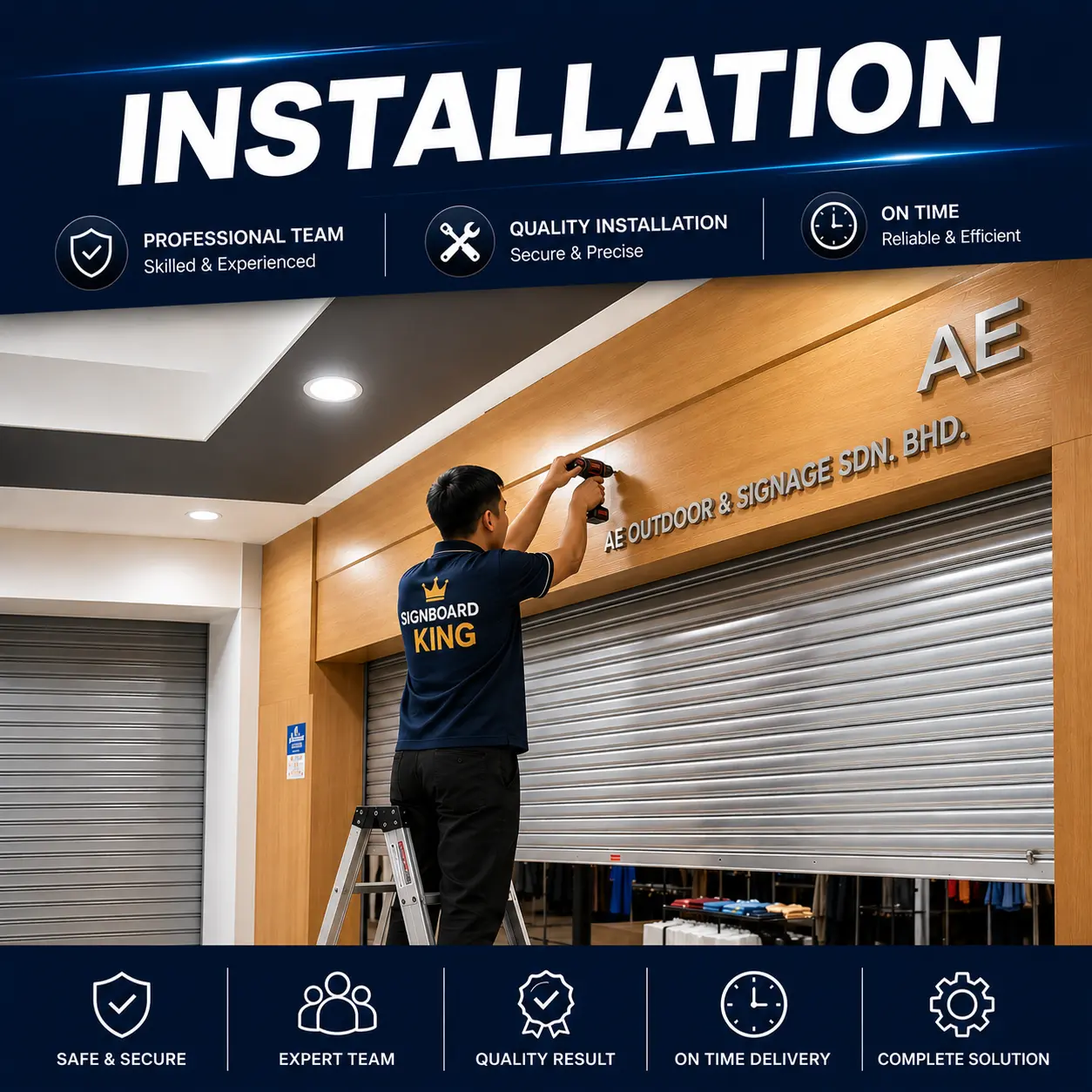 Professional signboard installation service for commercial signage, lightboxes, and 3D signboards in Malaysia
