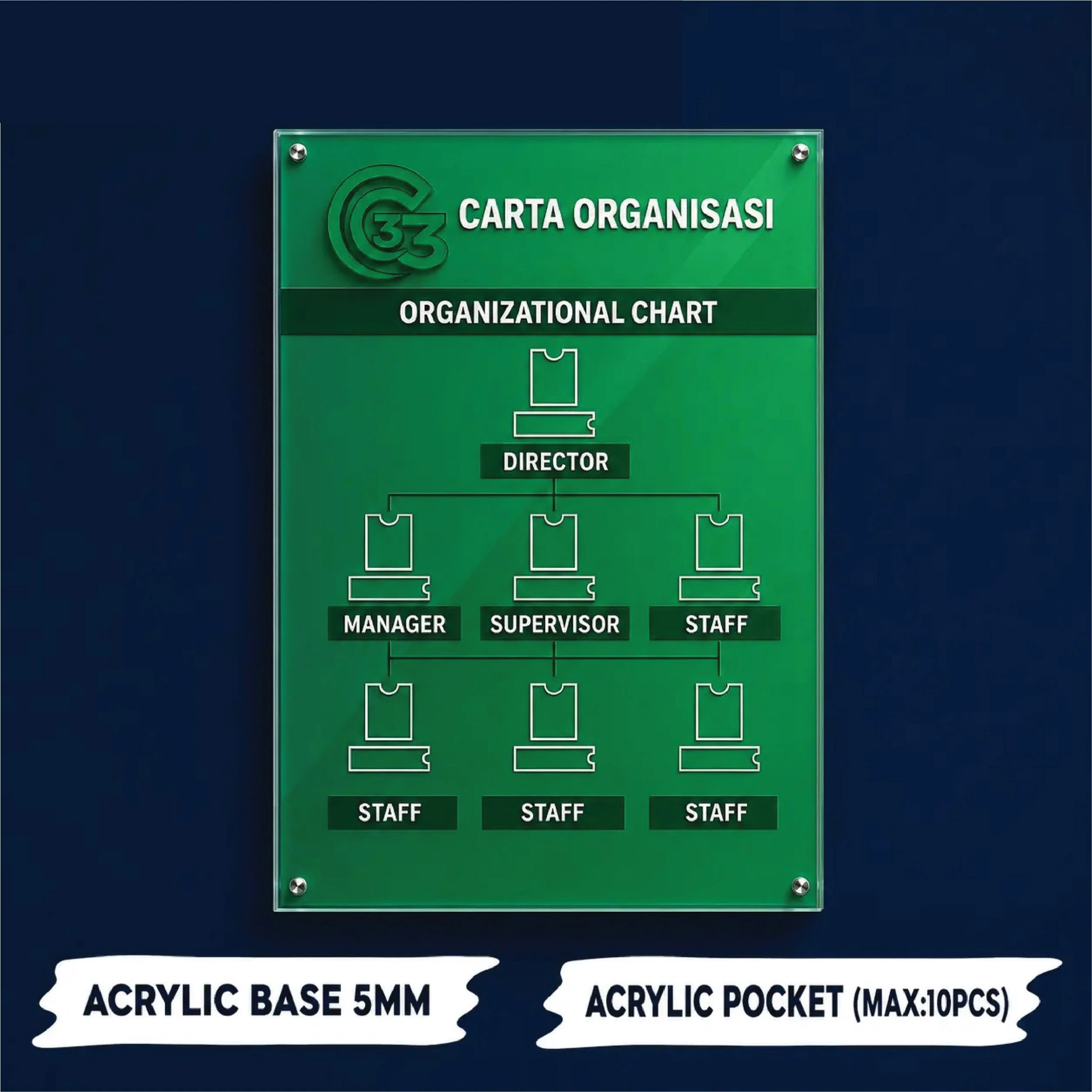 Organizational chart acrylic display board for company structure, office management, and staff hierarchy presentation in Malaysia
