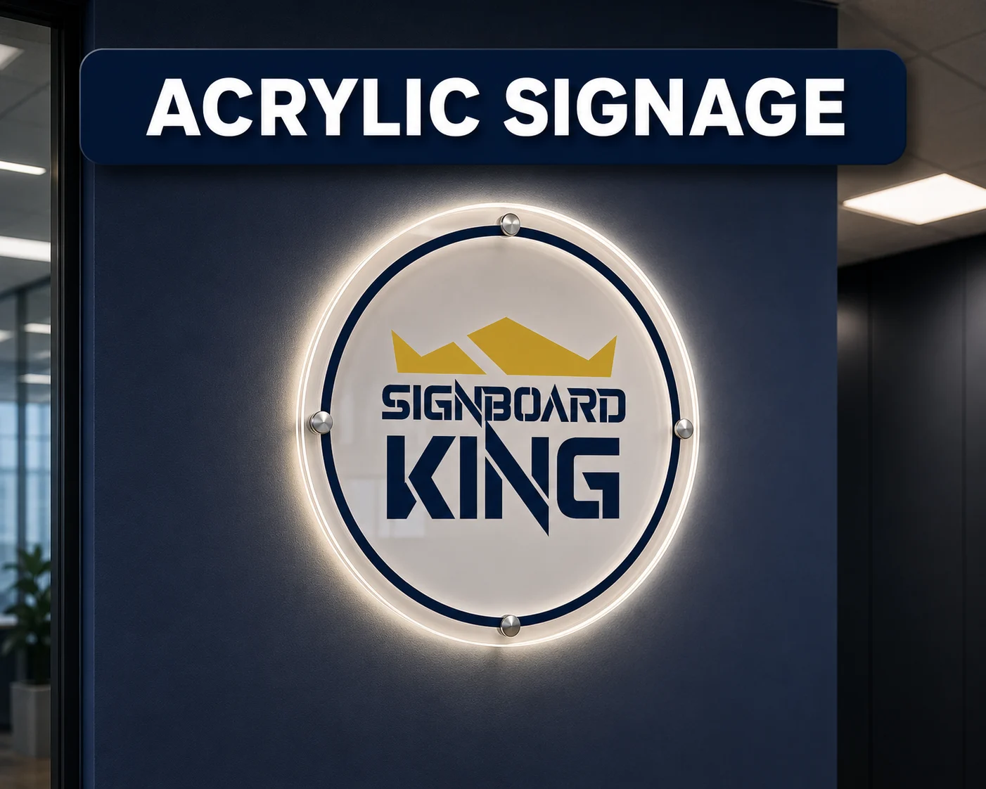 Round acrylic signage with LED backlit lighting for office branding, retail shops, and commercial displays in Malaysia