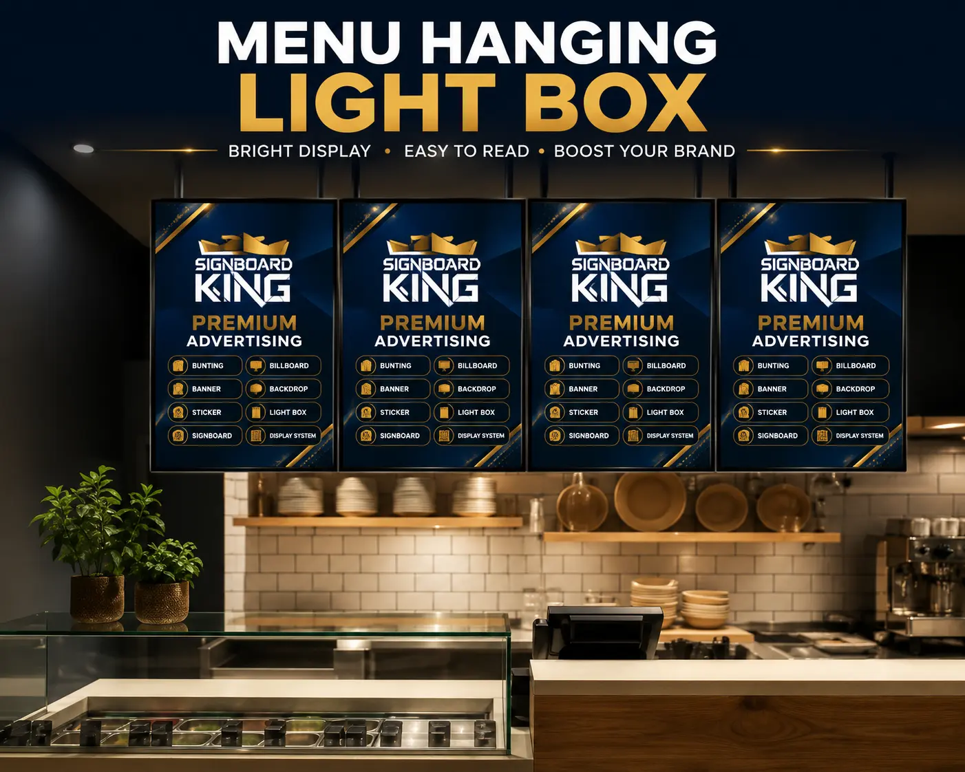 SNAP frame lightbox menu display with LED lighting for restaurant and retail advertising in Malaysia