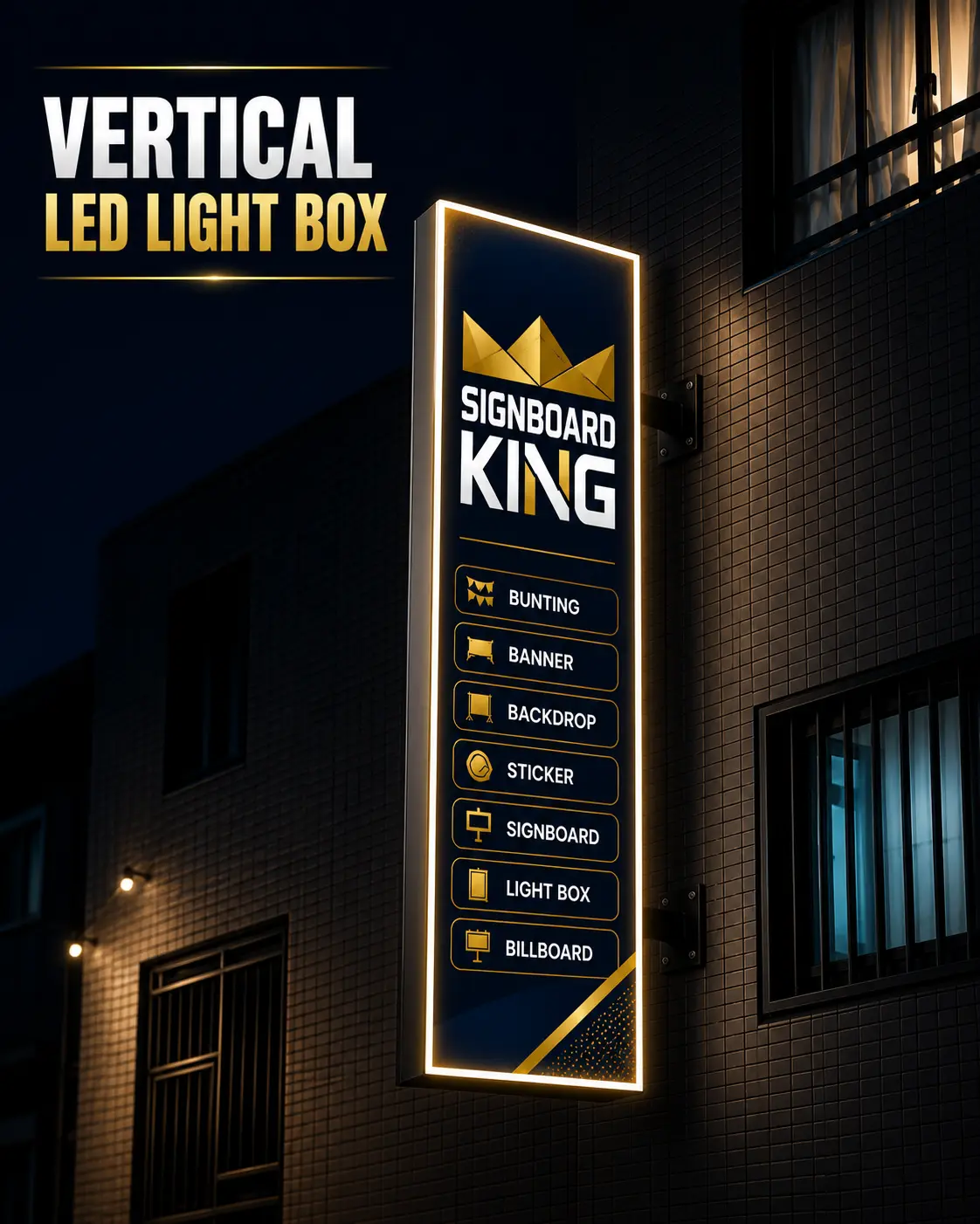 Vertical LED lightbox signage for commercial building branding and outdoor advertising in Malaysia