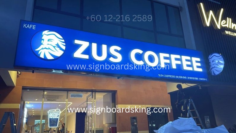 3D Box Up Frontlit signboard for ZUS Coffee with LED lighting and modern premium café branding design