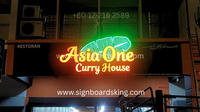 3D LED Box-Up restaurant signboard for Asia One Curry House illuminated at night.