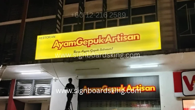 Ayam Gepuk Artisan lightbox signboard with bright LED illumination for restaurant branding and shopfront advertising in Malaysia