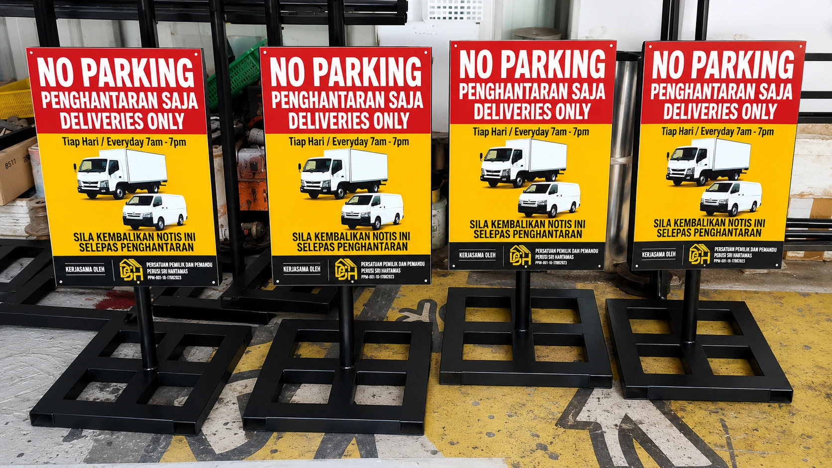 Parking Stand Deliveries Only di Sri Hartamas dengan reka bentuk tahan cuaca dan papan tanda penghantaran yang jelas untuk kawasan parkir komersial